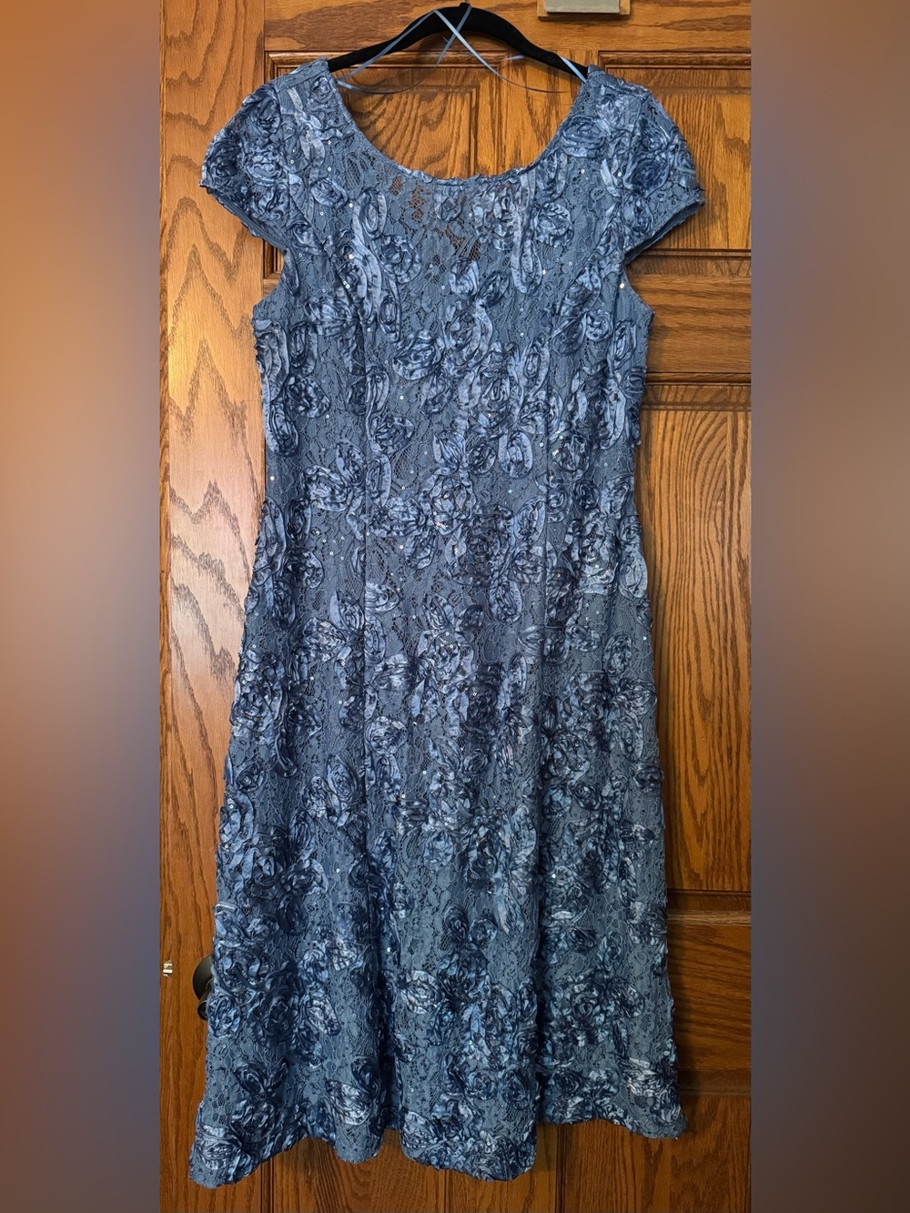 Alex Evenings Dusty Blue Lace Midi Dress with Floral Appliqué